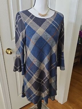 JH BRAND WOMEN'S BLUE PLAID LONG SLEEVES DRESS SIZE SMALL